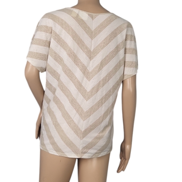 Chicos Linen Minimalist Basic Striped Tee Top Beige Tan Metallic Gold - Picture 2 of 3
